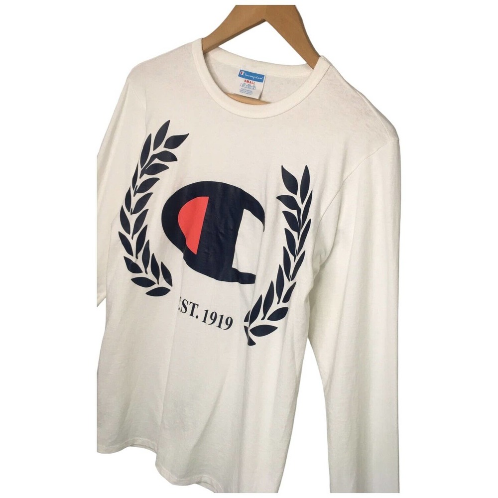 Champion Mens Small Heritage Logo Cotton Shirt Round Neck Long Sleeves White - Picture 6 of 12